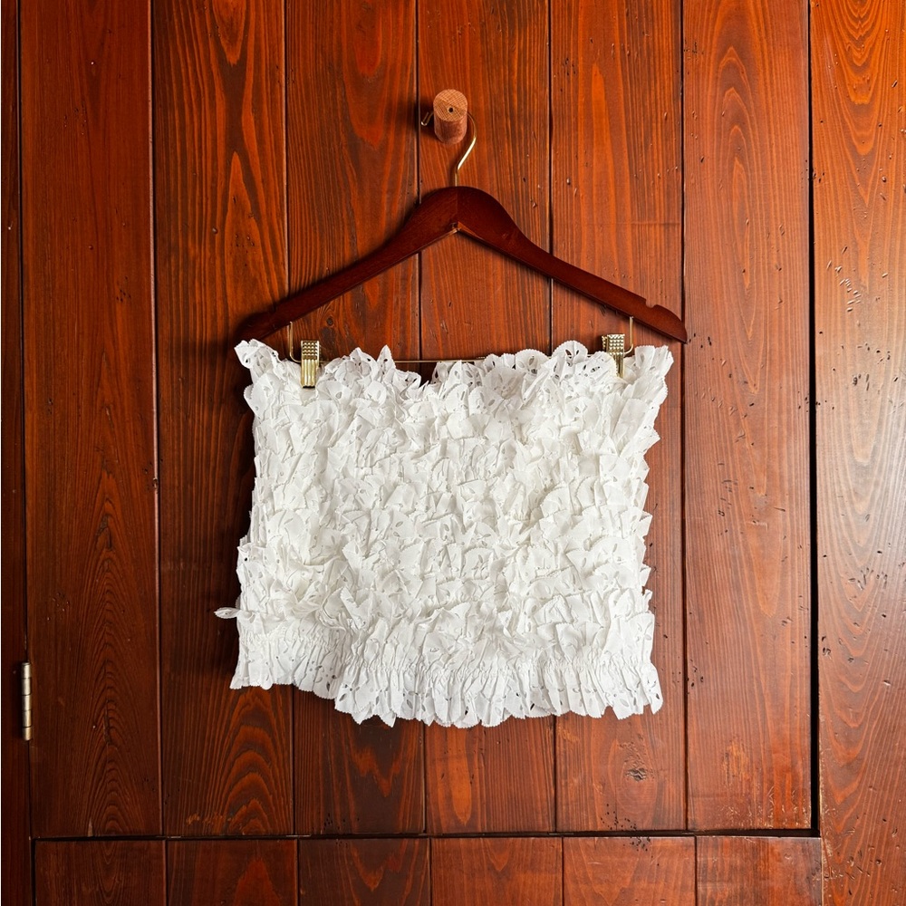 Issey Miyake White Ruffled Strapless Top